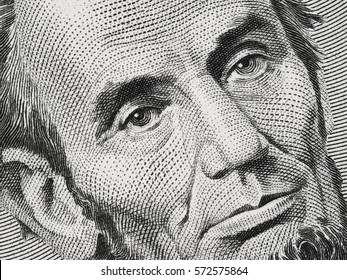 US President Abraham Abe Lincoln On USA Five Dollar Bill Extreme Macro, 5 Usd, United States Of America Money Closeup