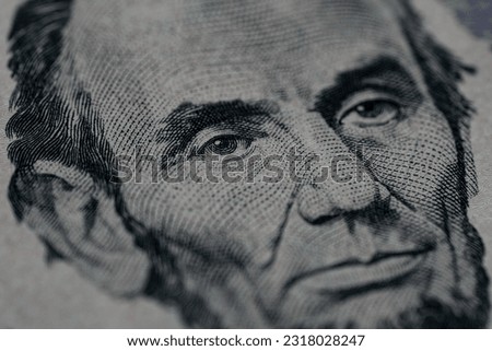 US President Abraham Abe Lincoln on USA five dollar bill extreme macro, 5 usd, United States of America money closeup