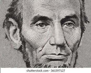 US President Abraham Lincoln Face On Five Dollar Bill Macro, 5 Usd, United States Money Closeup