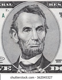 US President Abraham Lincoln Face On Five Dollar Bill Macro, 5 Usd, United States Money Closeup