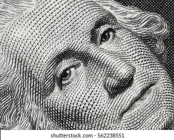 US President George Washington Face Portrait On The USA One Dollar Bill Extreme Macro, United States Money Closeup.