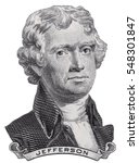 US President Thomas Jefferson face on USA two dollar bill macro isolated, United States of America money closeup