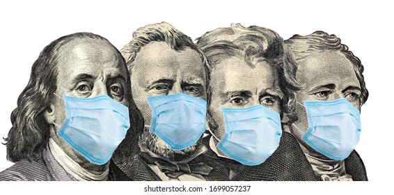 US Presidents dollars with a face mask against infection isolated  on white background. Coronavirus in United States.