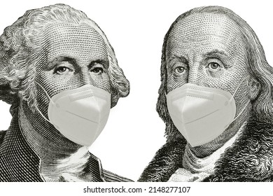 US Presidents George Washington And Benjamin Franklin Wearing Protective Masks