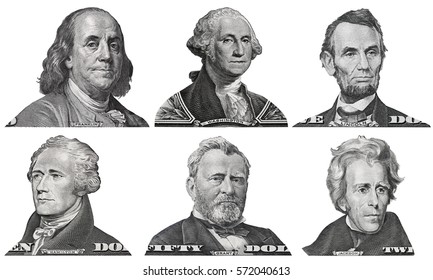 US Presidents George Washington, Benjamin Franklin, Abraham Lincoln, Alexander Hamilton, Andrew Jackson, Ulysses Grant Portraits From US Dollar Bills Isolated, United States  Money Closeup