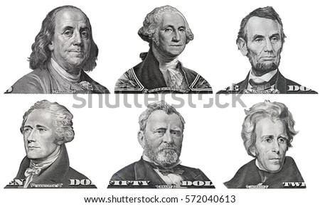 US presidents George Washington, Benjamin Franklin, Abraham Lincoln, Alexander Hamilton, Andrew Jackson, Ulysses Grant portraits from US dollar bills isolated, United States  money closeup
