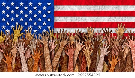 US Protest as American people protesting as upset angry protesters hands up in the air protesting as diverse community members in a social revolution or political protests crisis.