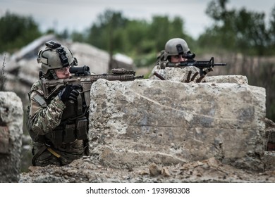 Us Rangers In Position Behind Concrete Blocks