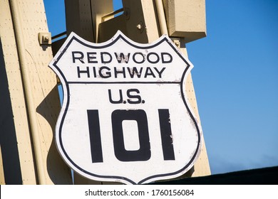 U.S. Route 101 And Redwood Highway Road Sign.