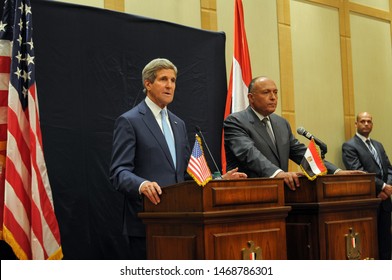 US Secretary of State John Kerry and Egyptian Foreign Minister Sameh Hassan Shukri at a joint press conference on developments in Syria and Iraq on June 22, 2014 in Cairo.