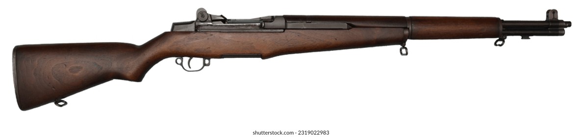 U.S. semi-automatic .30-06 service rifle M1 "Garand" used in WWII, Korea, and Vietnam. Per General Patton--the "greatest battle implement ever devised." No visible trademarks. Isolated on white.