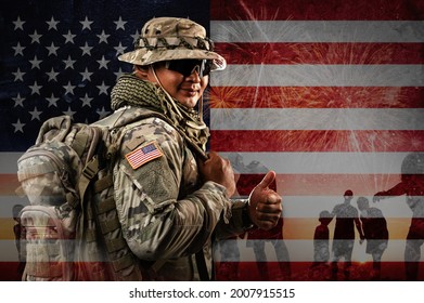 US Soldier In Combat Uniforms Holding Backpack Across The Shoulder, Double Exposure With American Flag And Silhouette Of Family Happy, Veterans Day, Patriot Concept, Independence Day, ID4