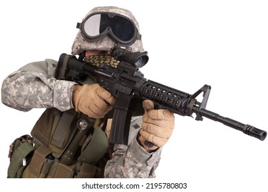 US Soldier Fire M4 Carbine On White Background