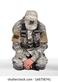 US Soldier Kneeling On White Background