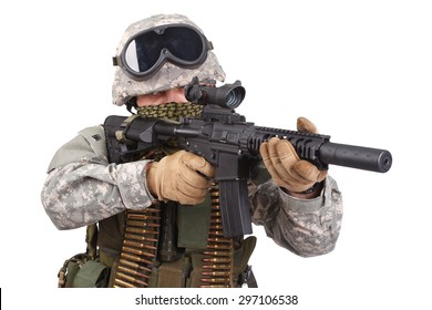 US Soldier With Rifle On White Background