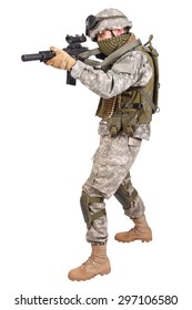 US Soldier With Rifle On White Background