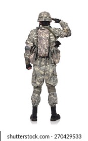 US Soldier Salutes Standing Back On White Background