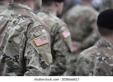 US Soldiers. US Army. USA Patch Flag On The US Military Uniform. Soldiers On The Parade Ground. Veterans Day. Memorial Day.