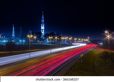 U.S. Space And Rocket Center Huntsville, AL With Highway Traffic.