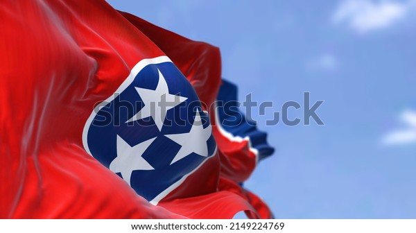 The US state flag of Tennessee waving in\
the wind. Tennessee is a state in the Southeastern region of the\
United States. Democracy and\
independence.