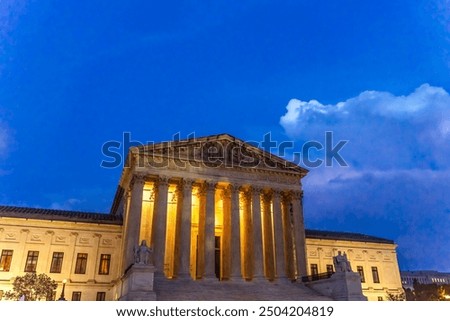 US Supreme Court Illuminated Lights Capitol Hill Washington DC. Highest Court in the United States with nine Justices appointed by the President.