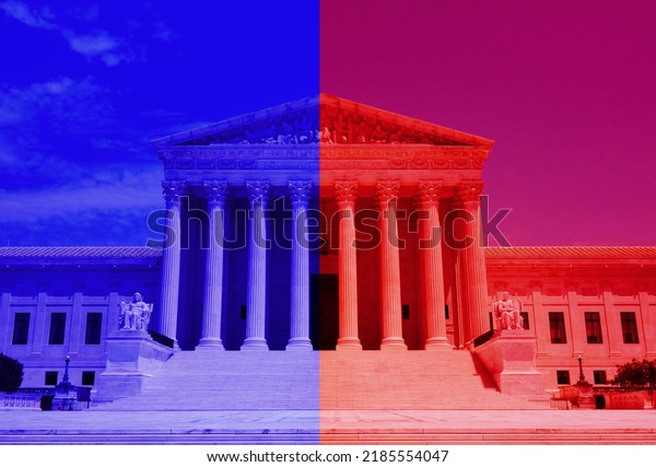 The US Supreme Court in Washington DC with red\
and blue color halves representing political division on the court \
                            \
