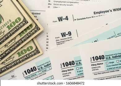 US tax form w4  w9 with money 