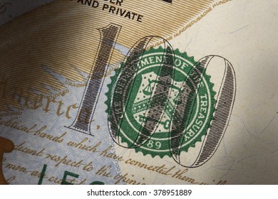 U.S. Treasury Seal On 100 Dollar Bill Extreme Macro