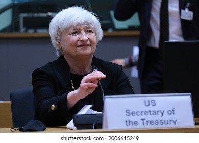 US Treasury Secretary Janet Yellen arrives to attends during a meeting of Eurogroup Finance Ministers, at the European Council in Brussels, Belgium, 12 July 2021.