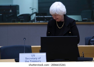 US Treasury Secretary Janet Yellen Arrives To Attends During A Meeting Of Eurogroup Finance Ministers, At The European Council In Brussels, Belgium, 12 July 2021.
