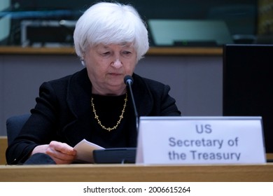 US Treasury Secretary Janet Yellen Arrives To Attends During A Meeting Of Eurogroup Finance Ministers, At The European Council In Brussels, Belgium, 12 July 2021.
