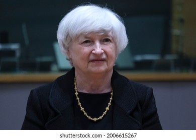 US Treasury Secretary Janet Yellen arrives to attends during a meeting of Eurogroup Finance Ministers, at the European Council in Brussels, Belgium, 12 July 2021.