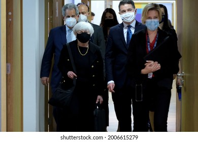 US Treasury Secretary Janet Yellen Arrives To Attends During A Meeting Of Eurogroup Finance Ministers, At The European Council In Brussels, Belgium, 12 July 2021.
