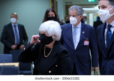 US Treasury Secretary Janet Yellen Arrives To Attends During A Meeting Of Eurogroup Finance Ministers, At The European Council In Brussels, Belgium, 12 July 2021.
