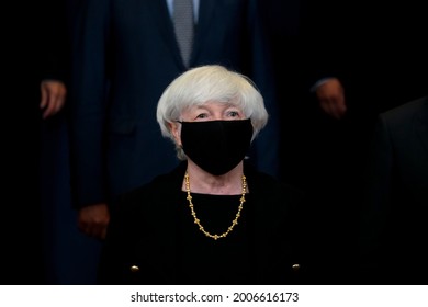 US Treasury Secretary Janet Yellen Arrives To Attends During A Meeting Of Eurogroup Finance Ministers, At The European Council In Brussels, Belgium, 12 July 2021.
