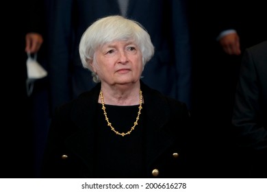 US Treasury Secretary Janet Yellen Arrives To Attends During A Meeting Of Eurogroup Finance Ministers, At The European Council In Brussels, Belgium, 12 July 2021.
