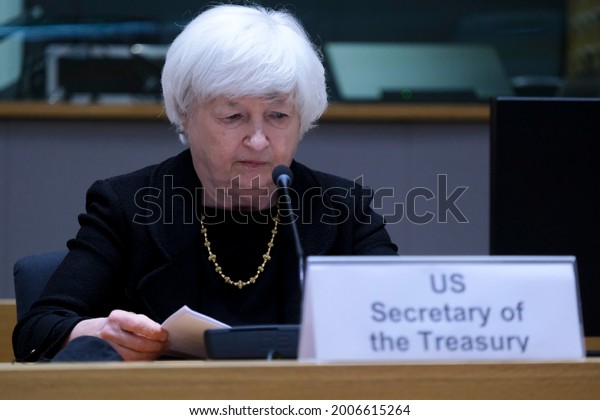 US Treasury Secretary
Janet Yellen arrives to attends during a meeting of Eurogroup
Finance Ministers, at the European Council in Brussels, Belgium, 12
July 2021.

