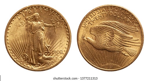 US Twenty 20 Dollars Gold Coin Isolated Of Whtie Background