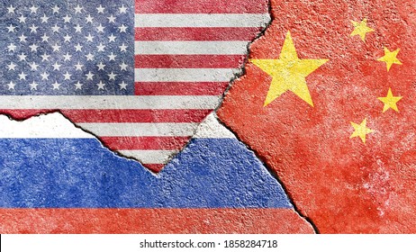 US (United States) Vs China Vs Russia Flags On Cracked Wall Background, Abstract US China Russia Politics Conflicts Concept Wallpaper