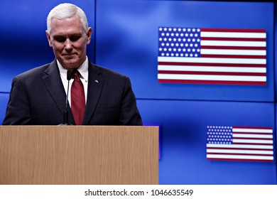 US Vice President Mike Pence And Donald Tusk President Of The European Council Give A Press Conference In Brussels, Belgium On Feb. 20, 2017.  