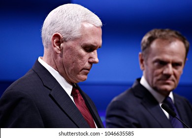 US Vice President Mike Pence And Donald Tusk President Of The European Council Give A Press Conference In Brussels, Belgium On Feb. 20, 2017.  