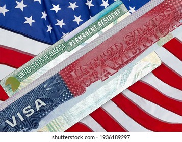 U.S.  VISA United States Of America. American Lottery Green Card Visa On Flag Background.