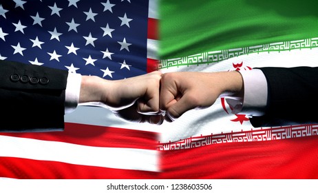 US Vs Iran Conflict, International Relations Crisis, Fists On Flag Background