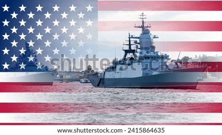 U.S. warship on flag background.