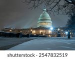 US Washington D. C. in winter night snow. Capitol Building in night. Washington city Capitol. United States Capital. USA landmark. Supreme Court. Washington D.C. Night Washington Capital city.