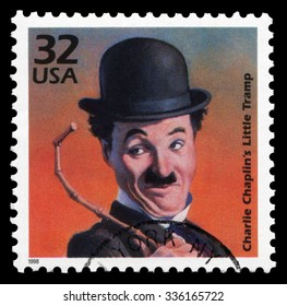 USA, 1998: A stamp printed by USPS shows the portrait of Charlie Chaplin(1889-1977) , English comic actor, filmmaker, and composer, who rose to fame in the silent era, became a famous comic star.