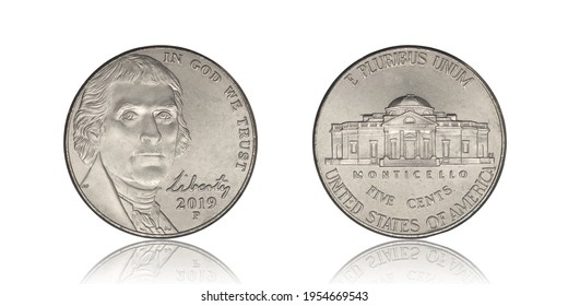 USA 5 cents, 2019 Jefferson Nickel on a white background