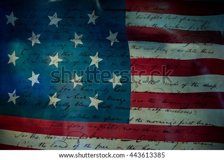 Usa America national anthem Star Spangled Banner original paper hand written on star and stripes flag background