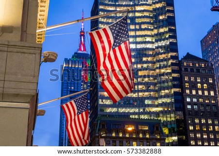 USA America National Flags on the City Light Night Bokeh Background, Horizontal View