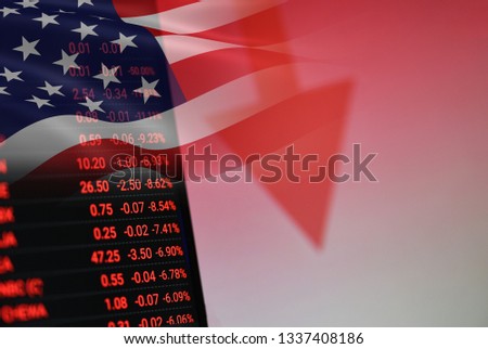 USA. America stock market crisis red price arrow down chart fall / New york Stock Exchange analysis or forex graph business finance money losing moving investment loss and united states flag